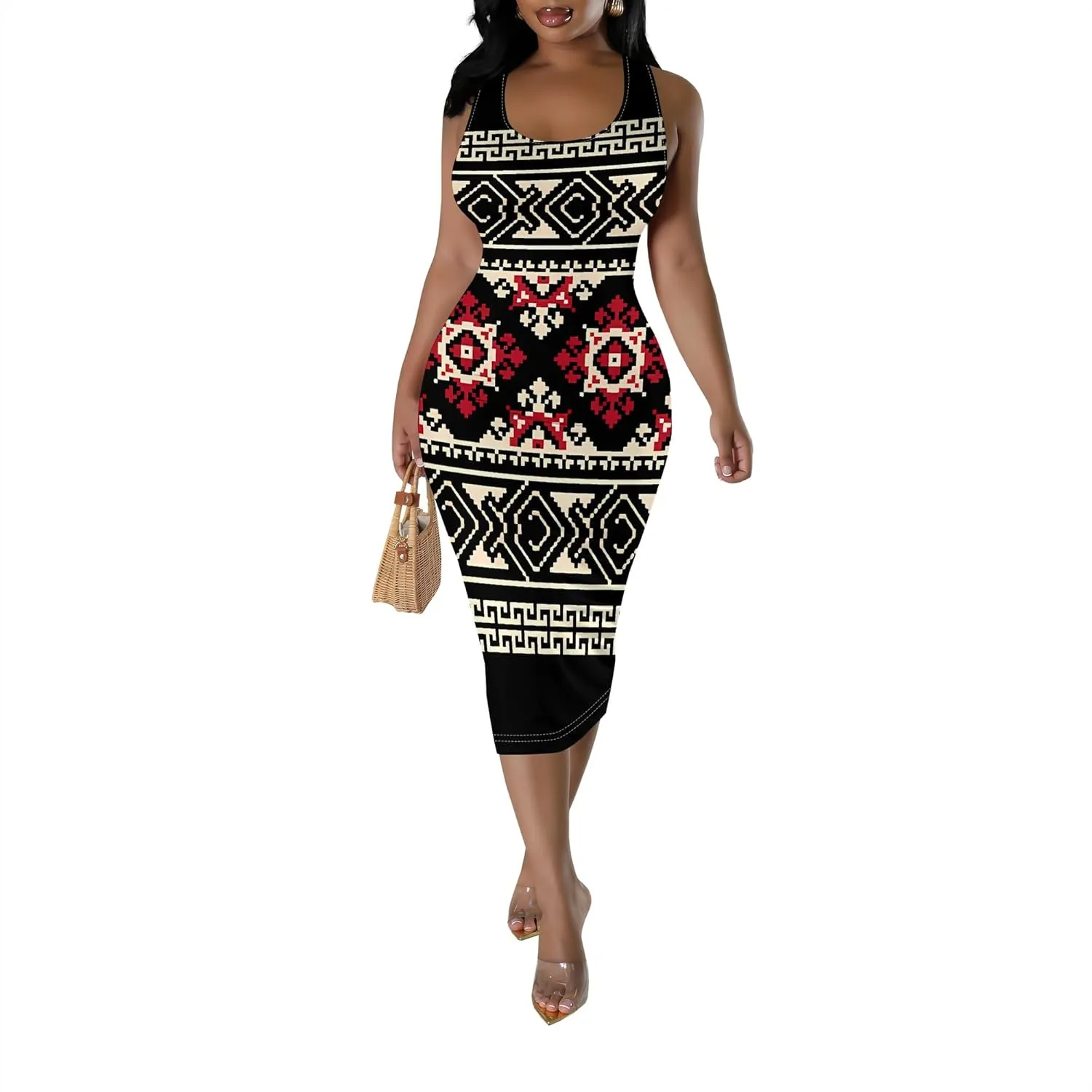 African Print Women's Summer Casual Sexy Sleeveless Bodycon Tank Dress Basic Pencil Midi Club Dresses Vacation Beach Sundress