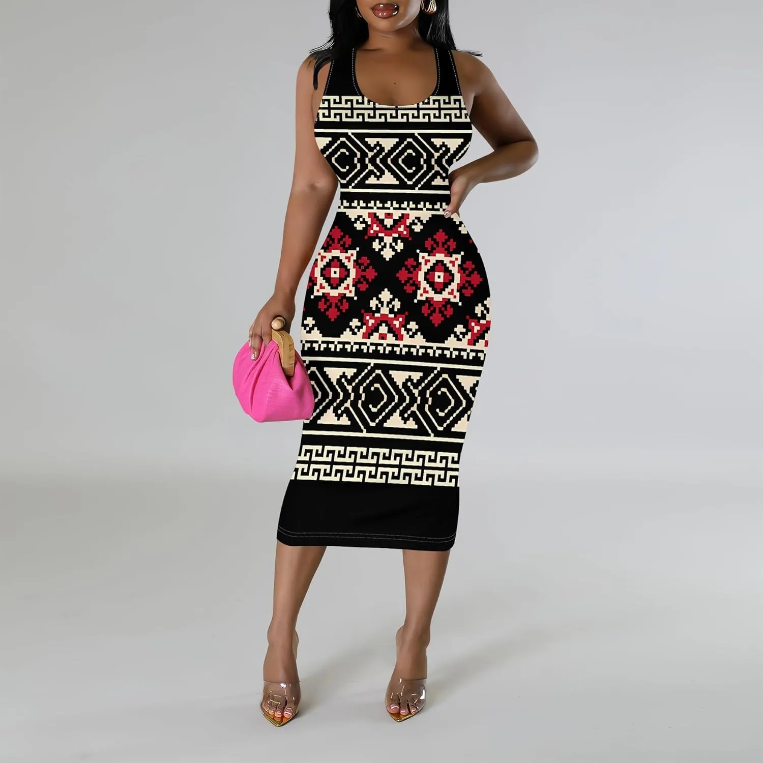 African Print Women's Summer Casual Sexy Sleeveless Bodycon Tank Dress Basic Pencil Midi Club Dresses Vacation Beach Sundress