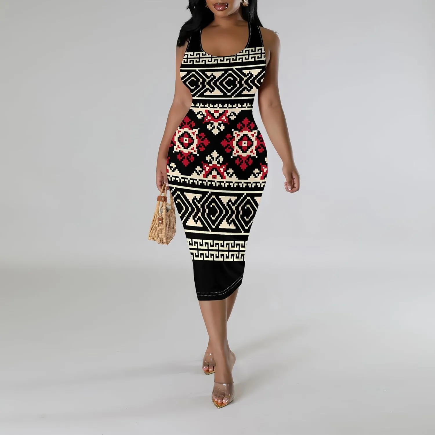 African Print Women's Summer Casual Sexy Sleeveless Bodycon Tank Dress Basic Pencil Midi Club Dresses Vacation Beach Sundress