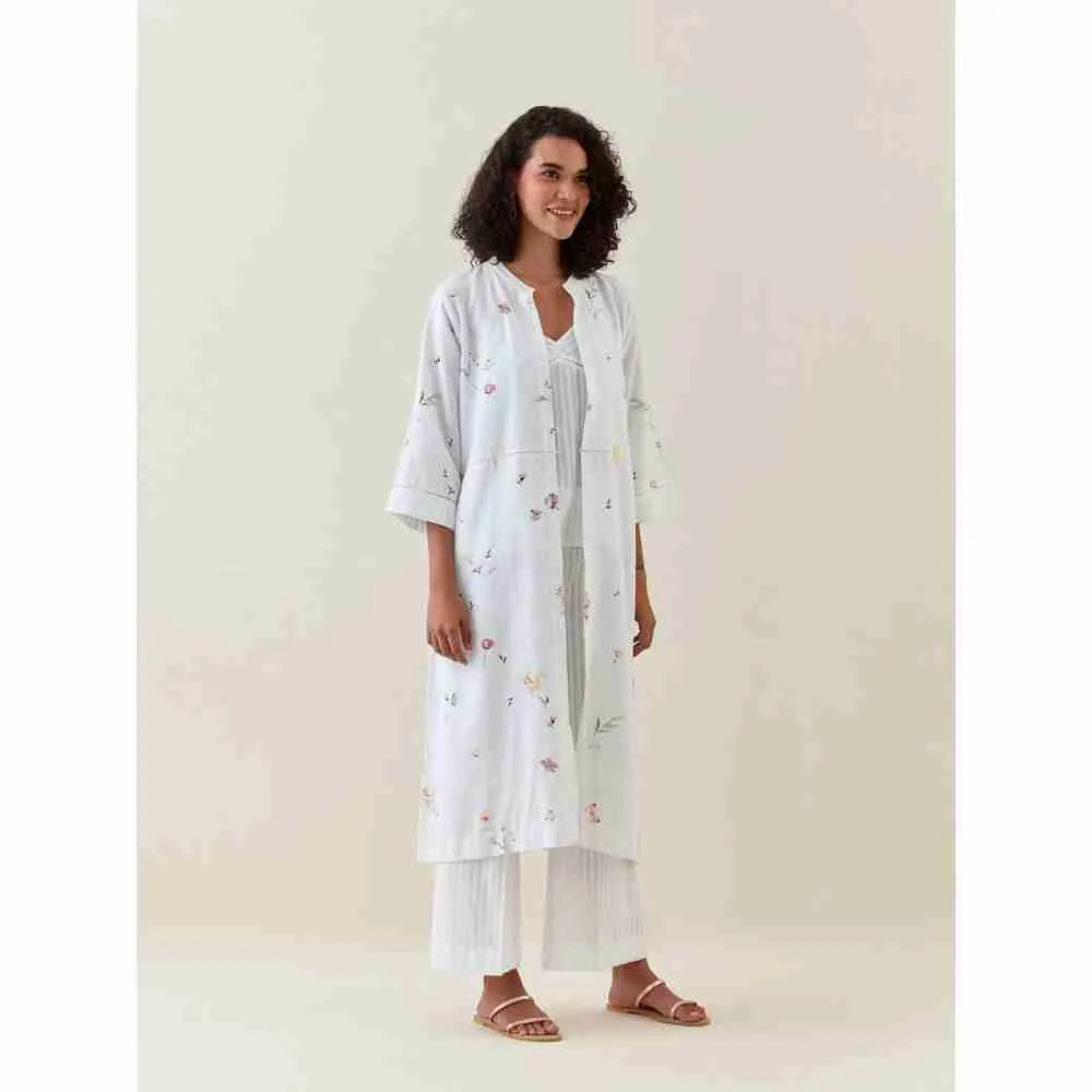 Anantaa by Roohi Trehan White Botanical Print Front Open Cotton Linen Jacket