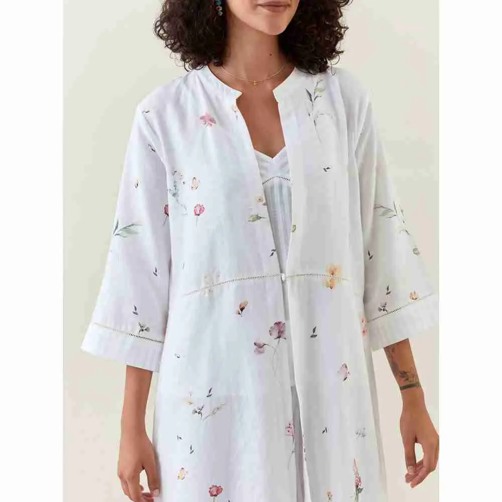 Anantaa by Roohi Trehan White Botanical Print Front Open Cotton Linen Jacket