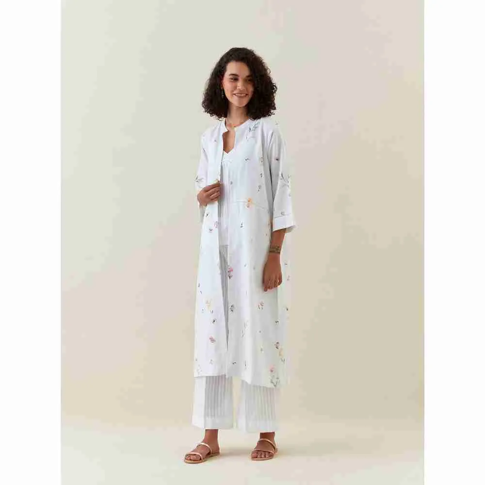 Anantaa by Roohi Trehan White Botanical Print Front Open Cotton Linen Jacket