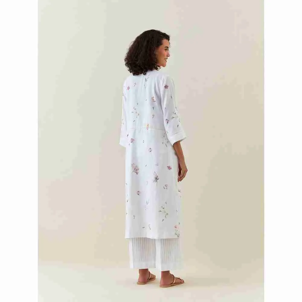 Anantaa by Roohi Trehan White Botanical Print Front Open Cotton Linen Jacket