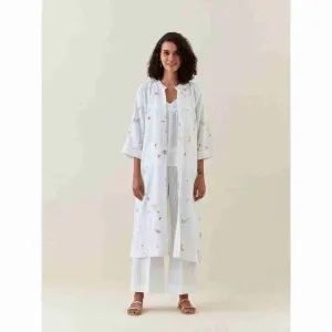 Anantaa by Roohi Trehan White Botanical Print Front Open Cotton Linen Jacket