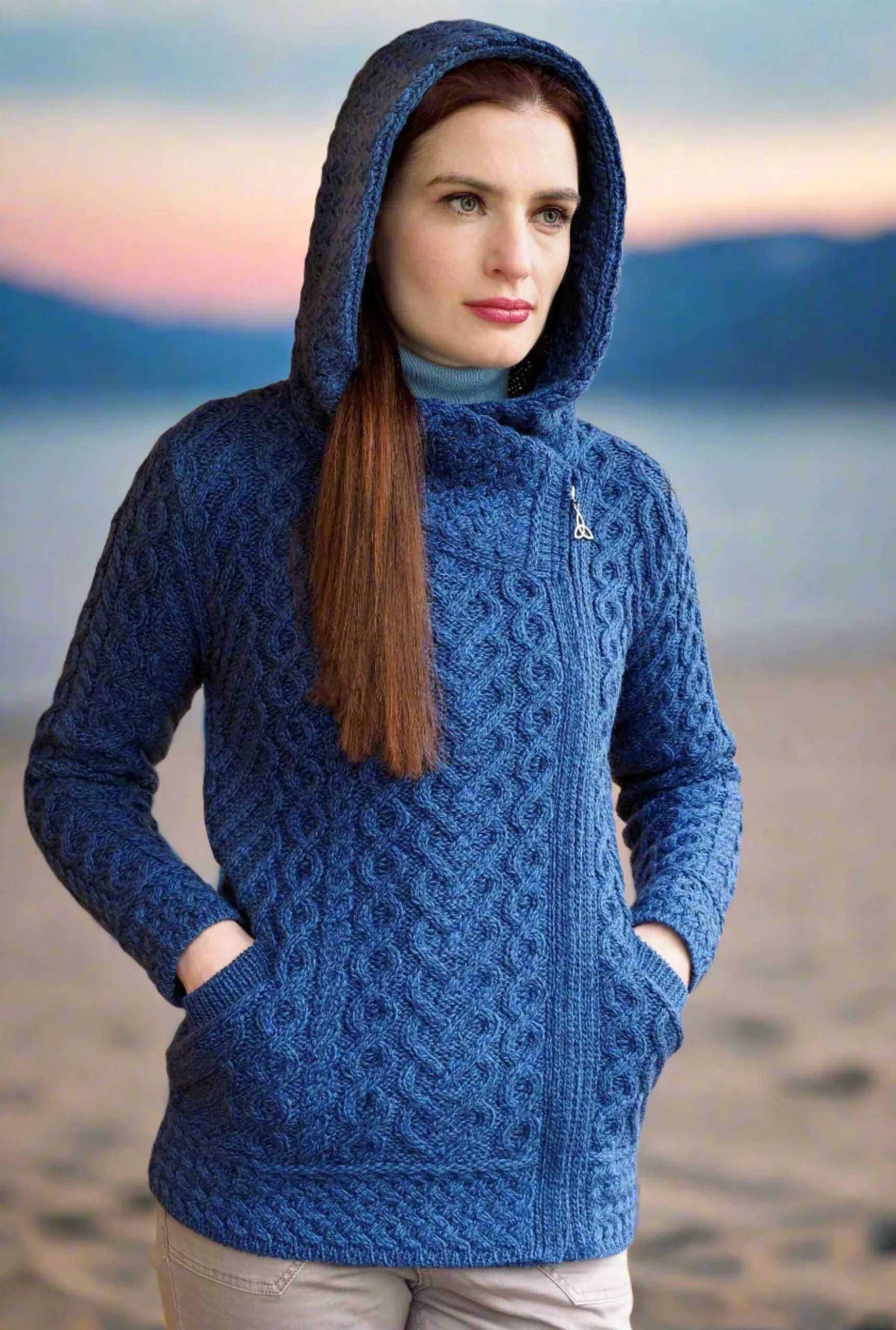 Aran Crafts Side Zip Hooded Cardigan | Blue