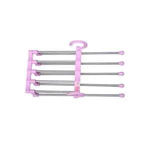 BAOYOUNI Foldable Pants Hangers Closet Storage Rack Space Saving Multi-Layer Organizer for Clothes Jeans Slacks Trousers Scarf Hanging Pink