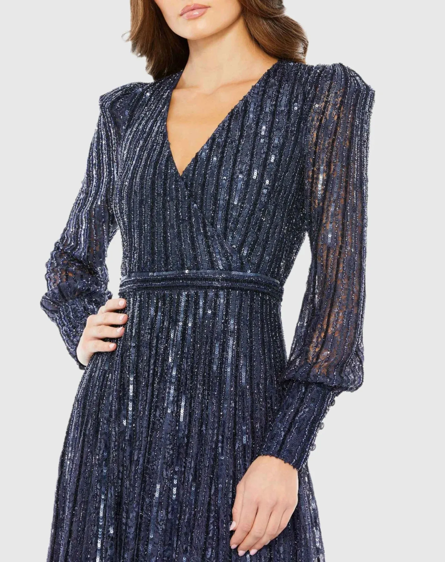 Beaded Lace Long Sleeve Wrap Over Gown - Midnight
