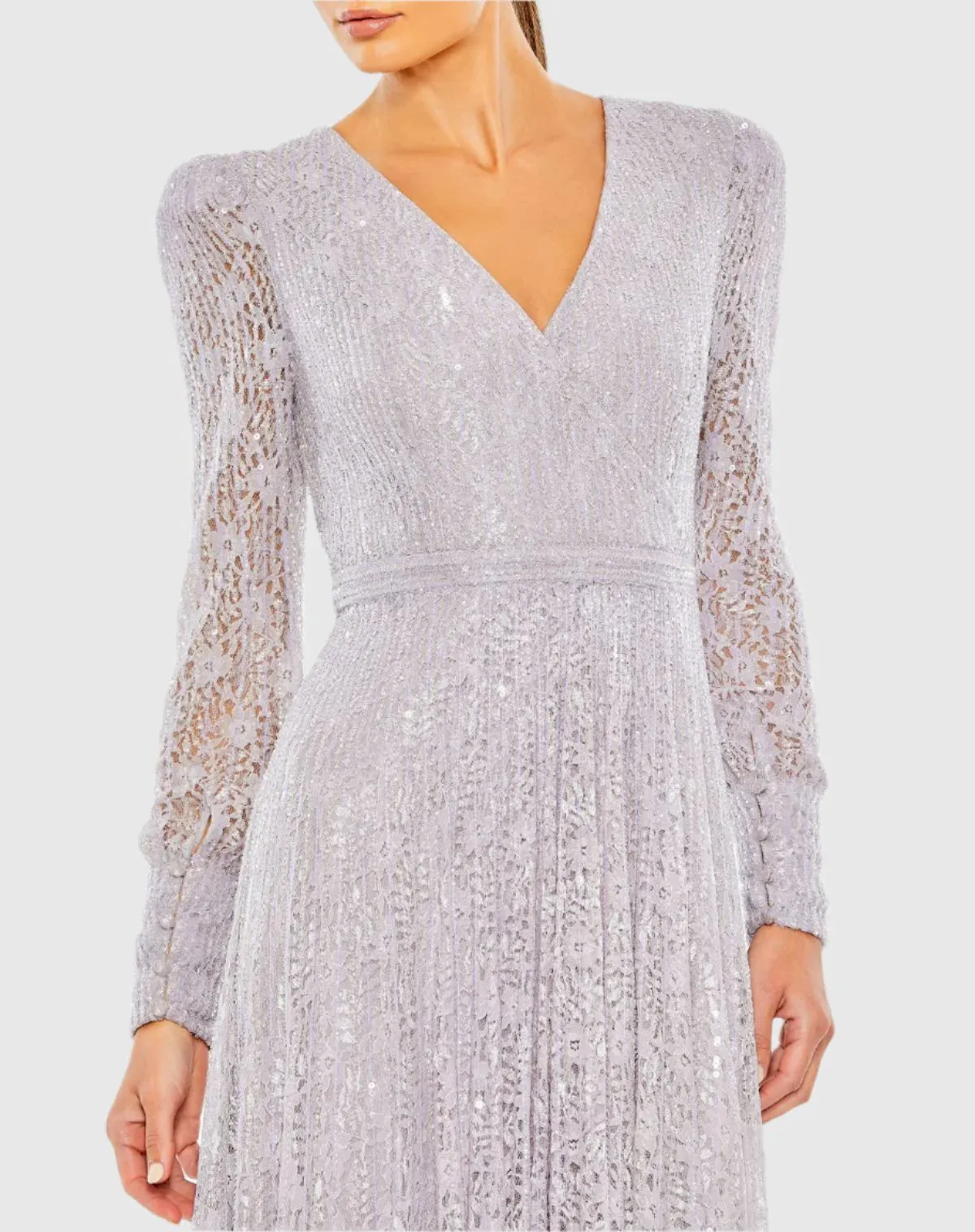 Beaded Lace Long Sleeve Wrap Over Gown - Midnight