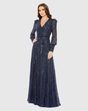 Beaded Lace Long Sleeve Wrap Over Gown - Midnight