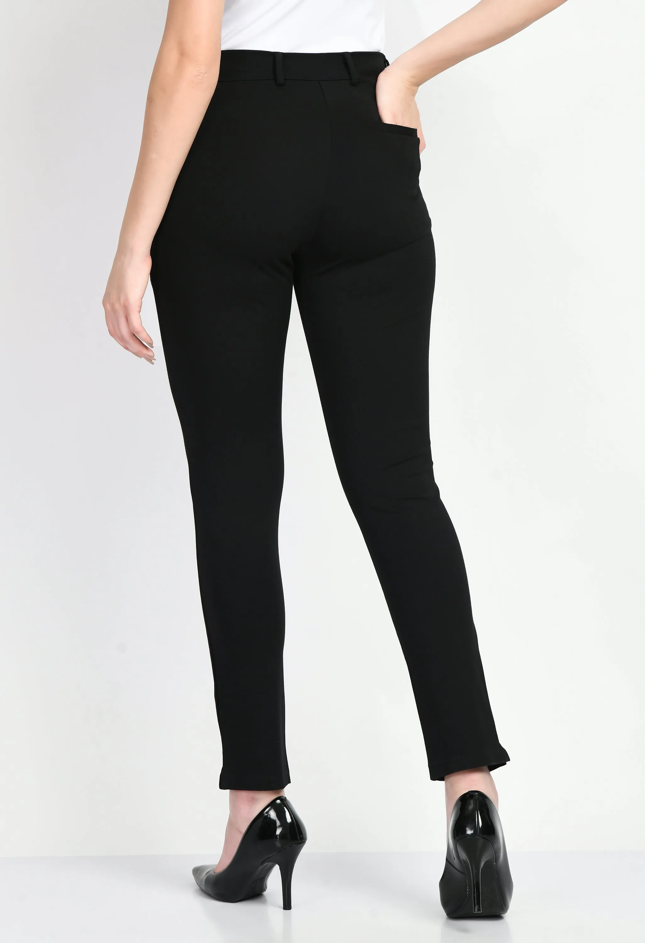 Black Cotton Blend Respect Solid Stretch Slim Trouser Only