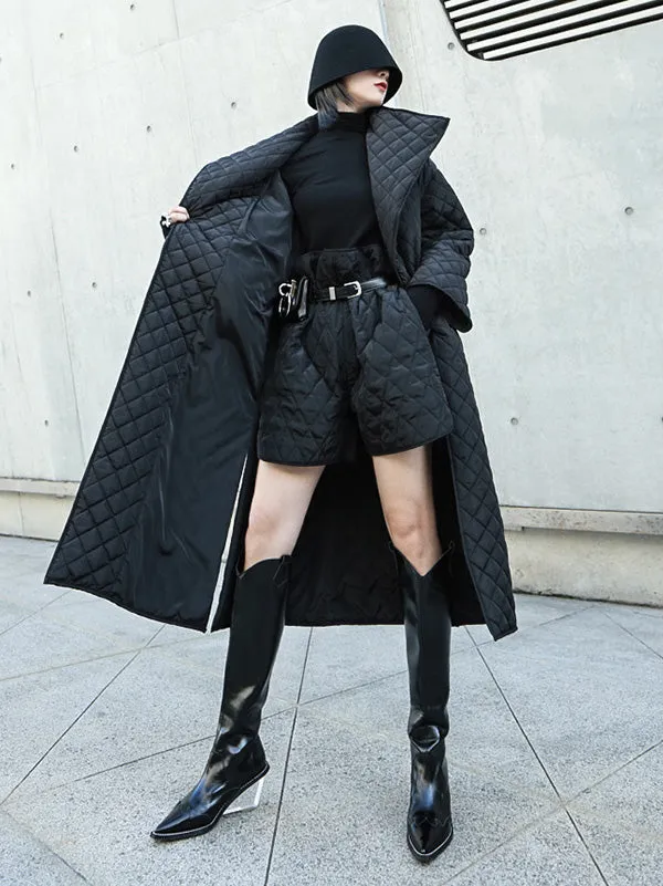 Black Rhombic Split-Side High Collar Long Coat
