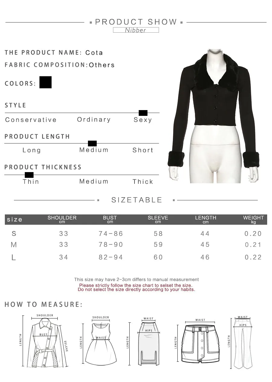 Black stretch Slim  knitting crop top woman Soft fur collar design shirt top coat