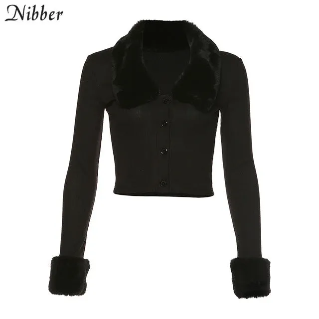 Black stretch Slim  knitting crop top woman Soft fur collar design shirt top coat