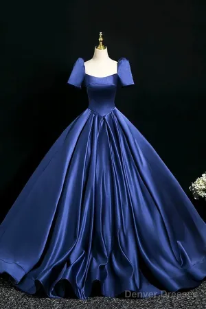 Blue Satin Floor Length Formal Dress, Elegant Off The Shoulder Evening Party Dress