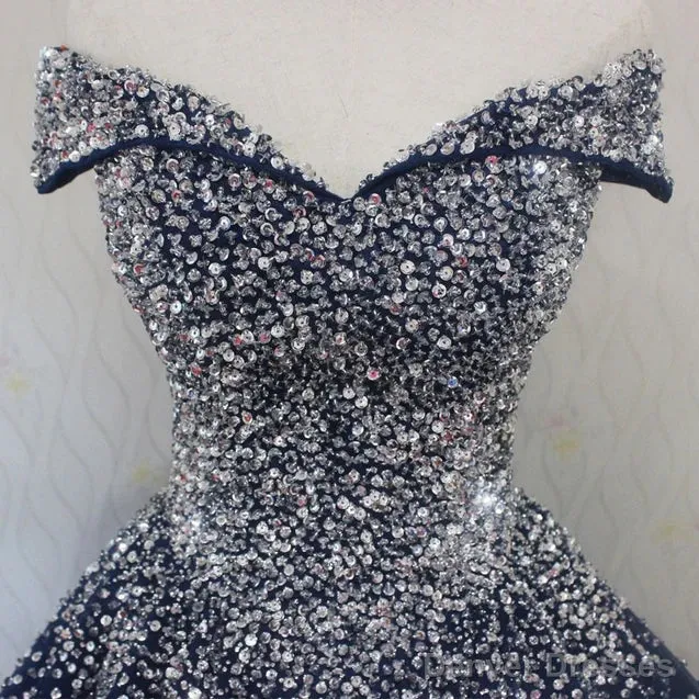 Blue Sparkle Off Shoulder Ball Party Dress Handmade Beaded Party Dress Elegant Prom Dress Evening Dress