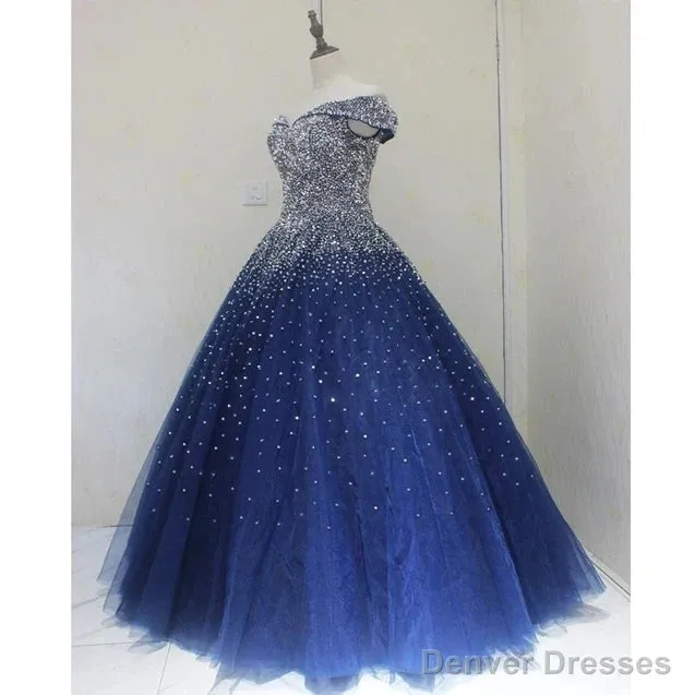 Blue Sparkle Off Shoulder Ball Party Dress Handmade Beaded Party Dress Elegant Prom Dress Evening Dress