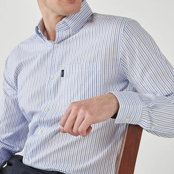 Blue / White Stripe Regular Fit Single Cuff Easy Iron Button Down Oxford Shirt