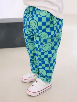Blue/Green Checkerboard Side Pocket 100% Cotton Pull On Trousers (3mths-7yrs)