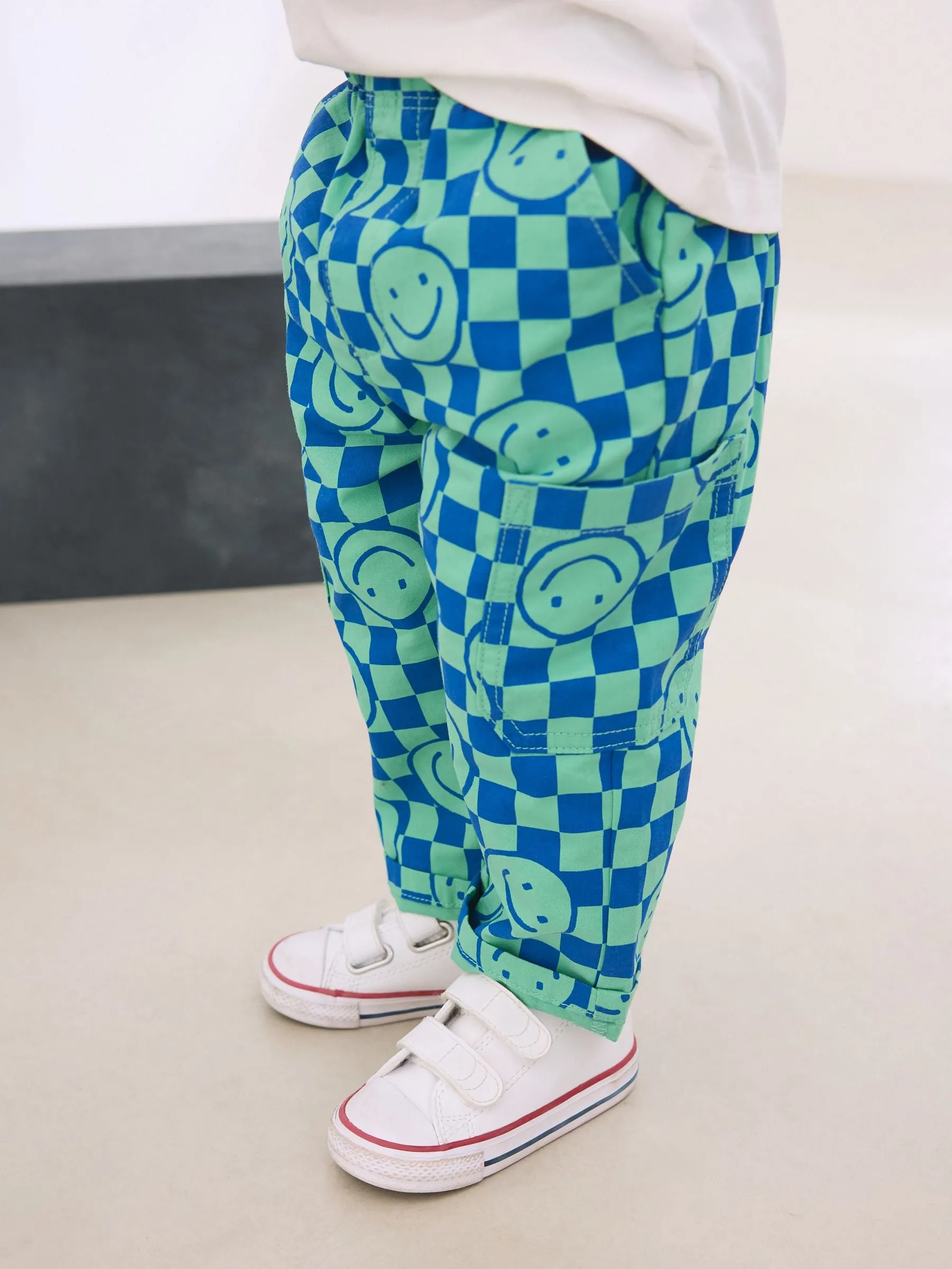 Blue/Green Checkerboard Side Pocket 100% Cotton Pull On Trousers (3mths-7yrs)