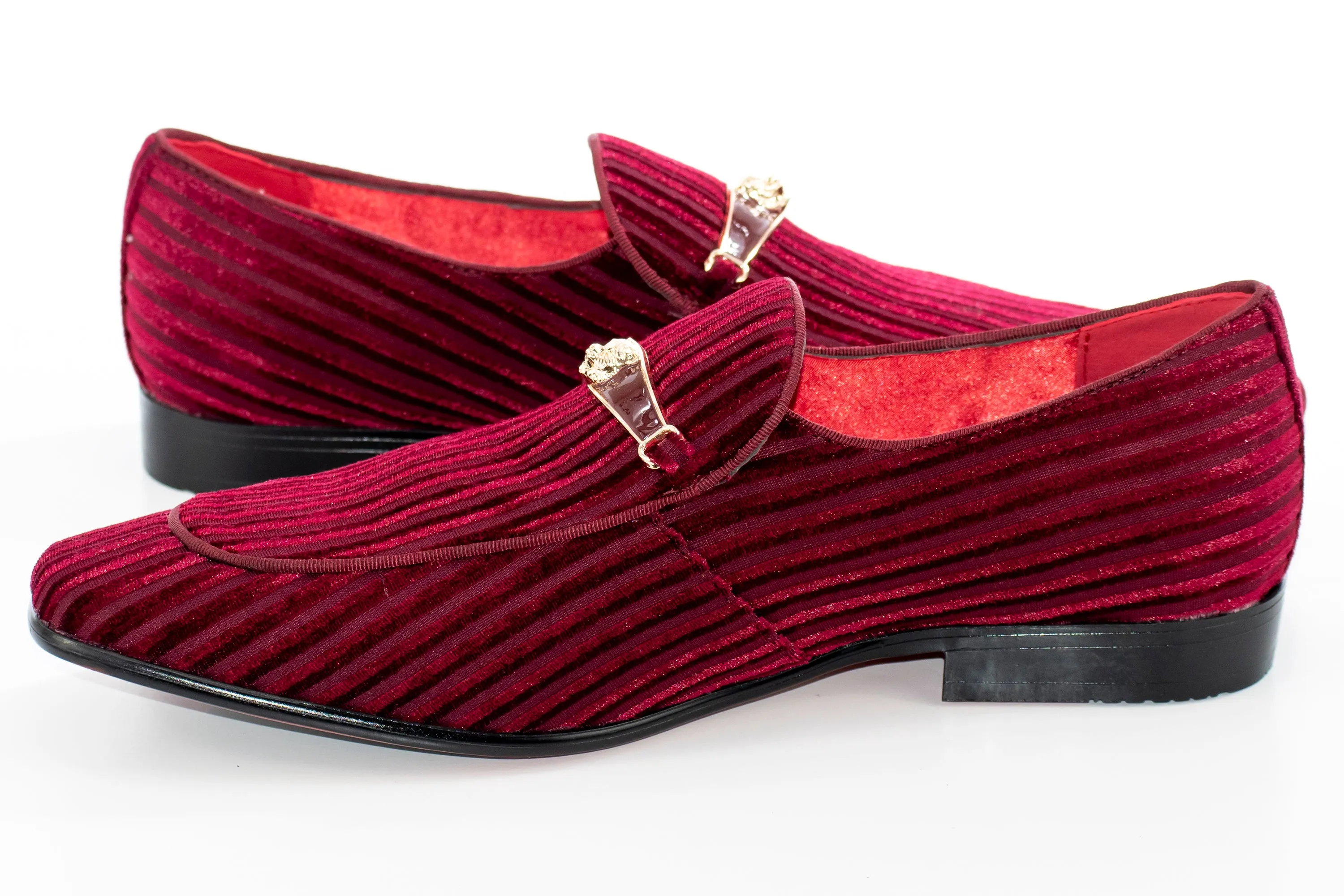 Burgundy Striped Velvet Smoking Loafer with Designer Bit