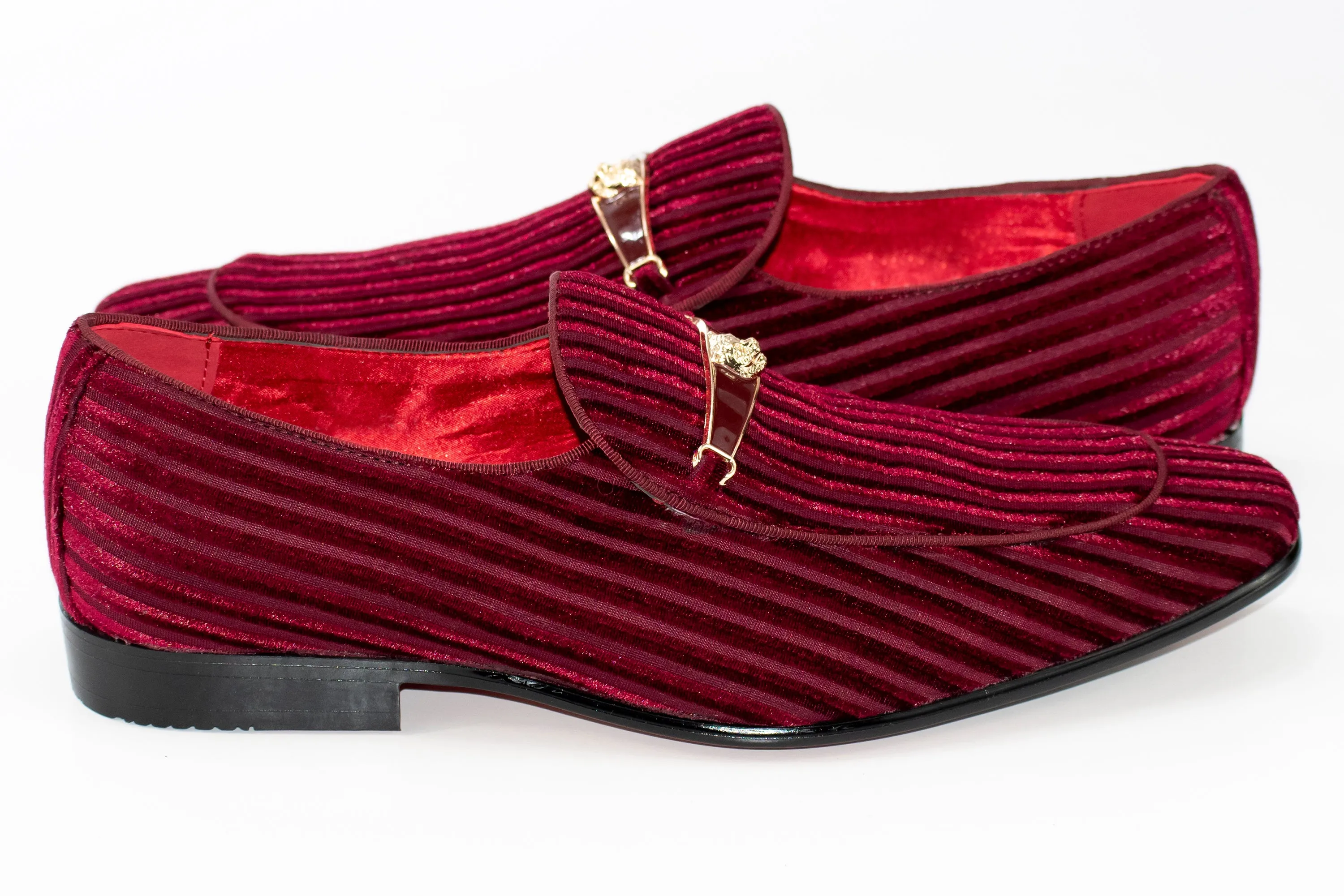 Burgundy Striped Velvet Smoking Loafer with Designer Bit