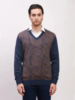 Colorplus Men Blue Jacquard Tailored Fit Wool Blend Full Sleeve V Neck Sweaters