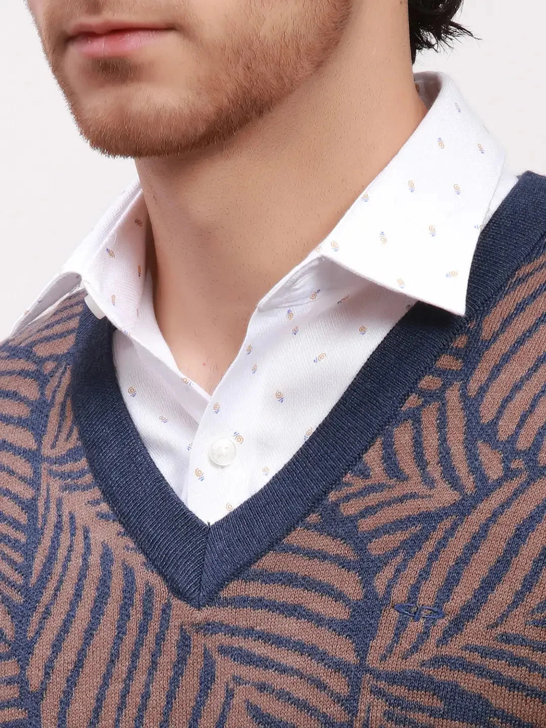 Colorplus Men Blue Jacquard Tailored Fit Wool Blend Full Sleeve V Neck Sweaters