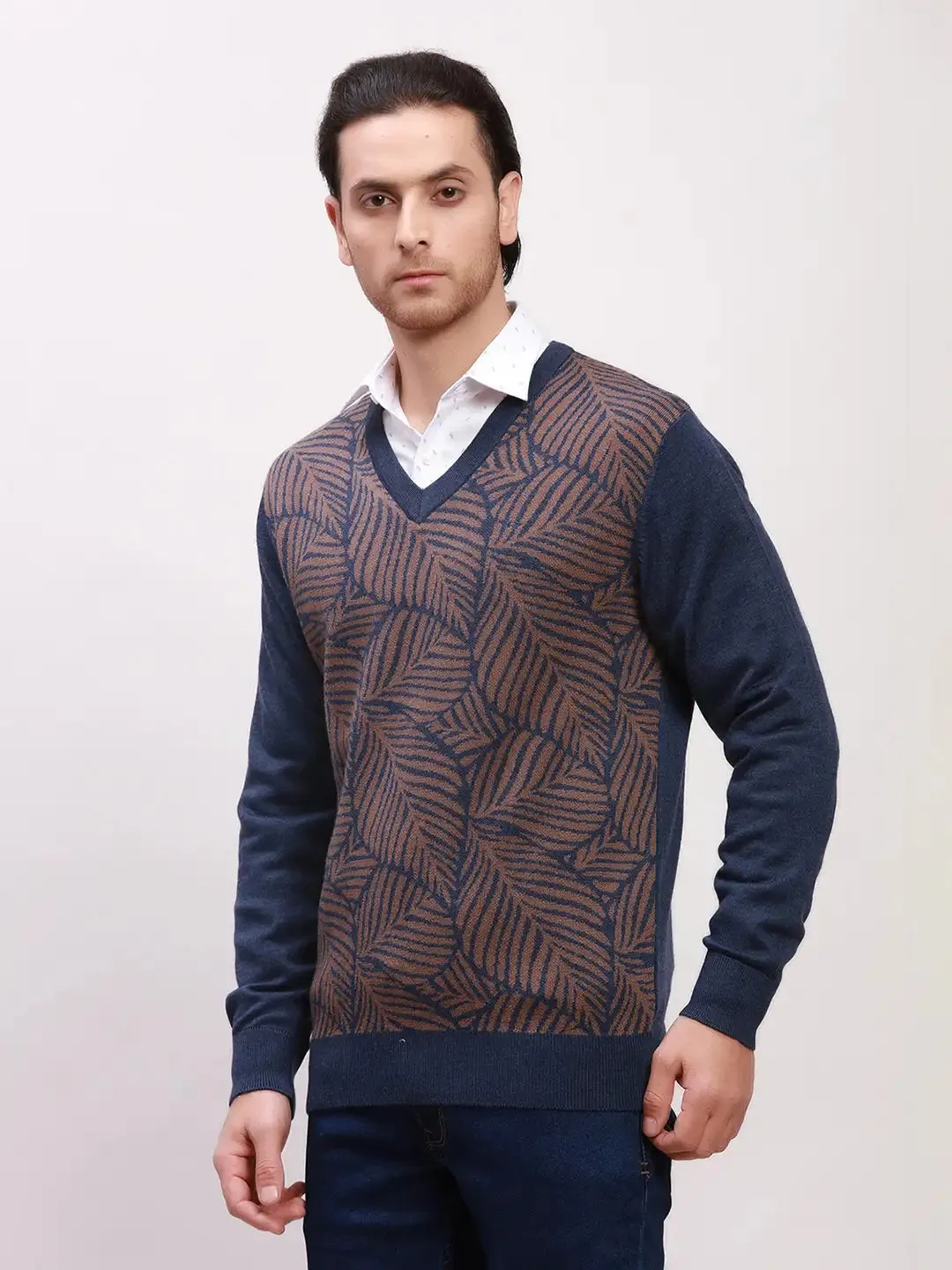 Colorplus Men Blue Jacquard Tailored Fit Wool Blend Full Sleeve V Neck Sweaters