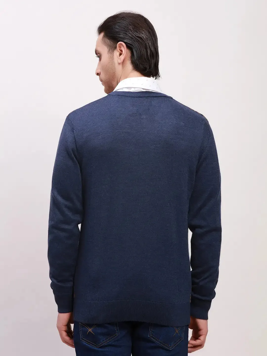 Colorplus Men Blue Jacquard Tailored Fit Wool Blend Full Sleeve V Neck Sweaters