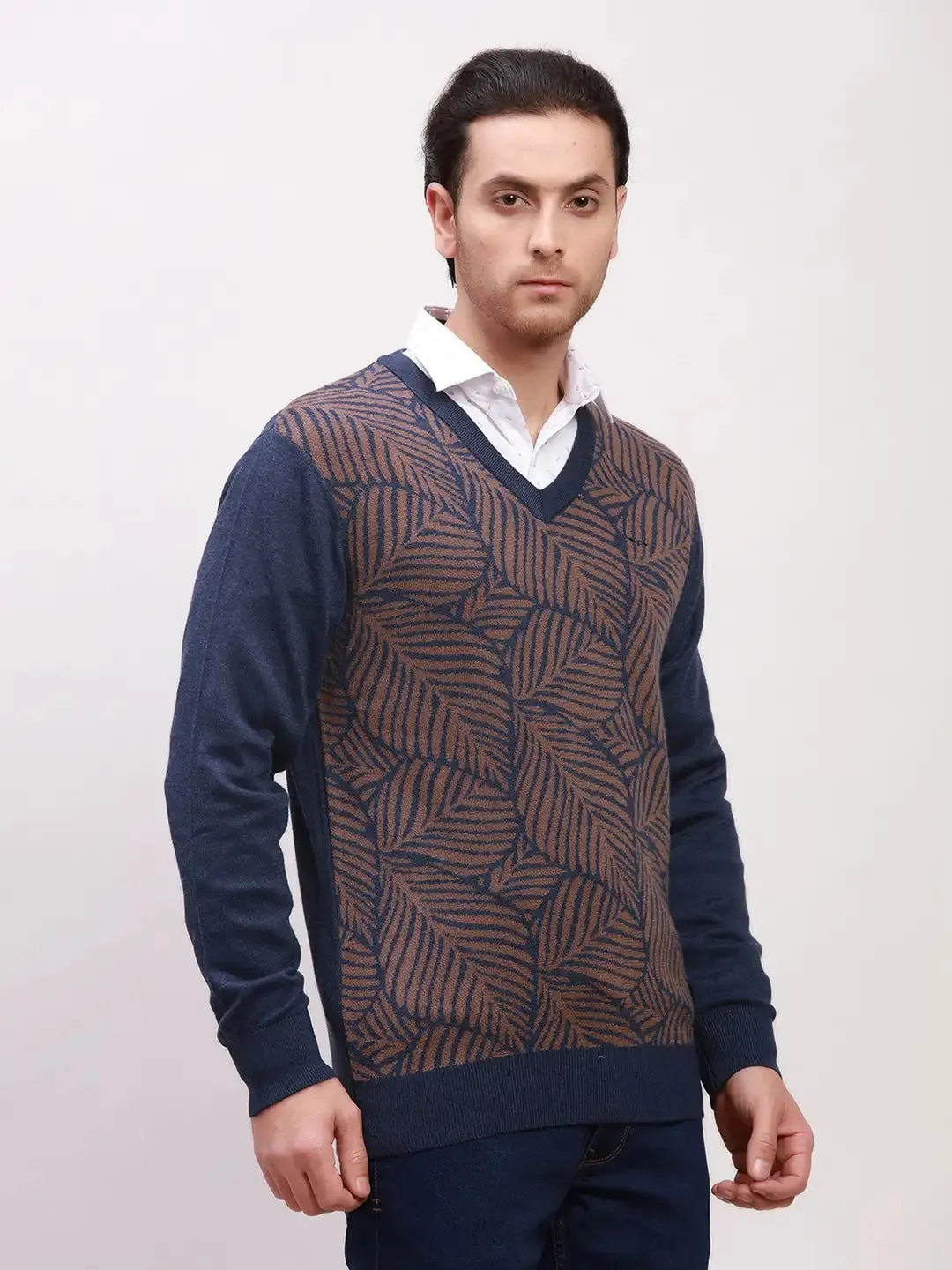 Colorplus Men Blue Jacquard Tailored Fit Wool Blend Full Sleeve V Neck Sweaters
