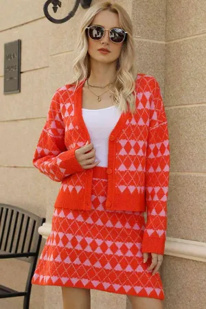 Cozy Trend Geometric Knit Cardigan and Skirt Set