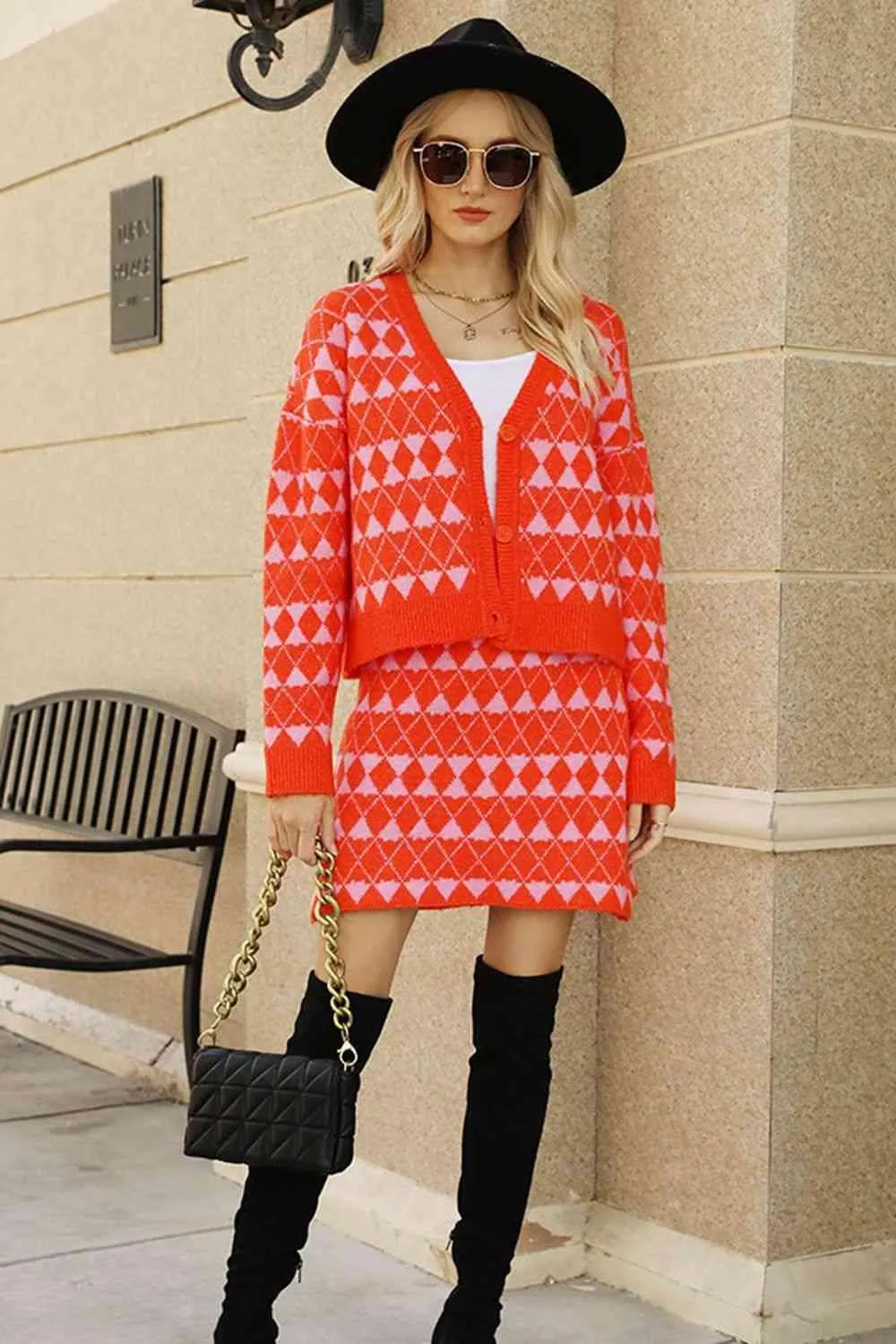 Cozy Trend Geometric Knit Cardigan and Skirt Set