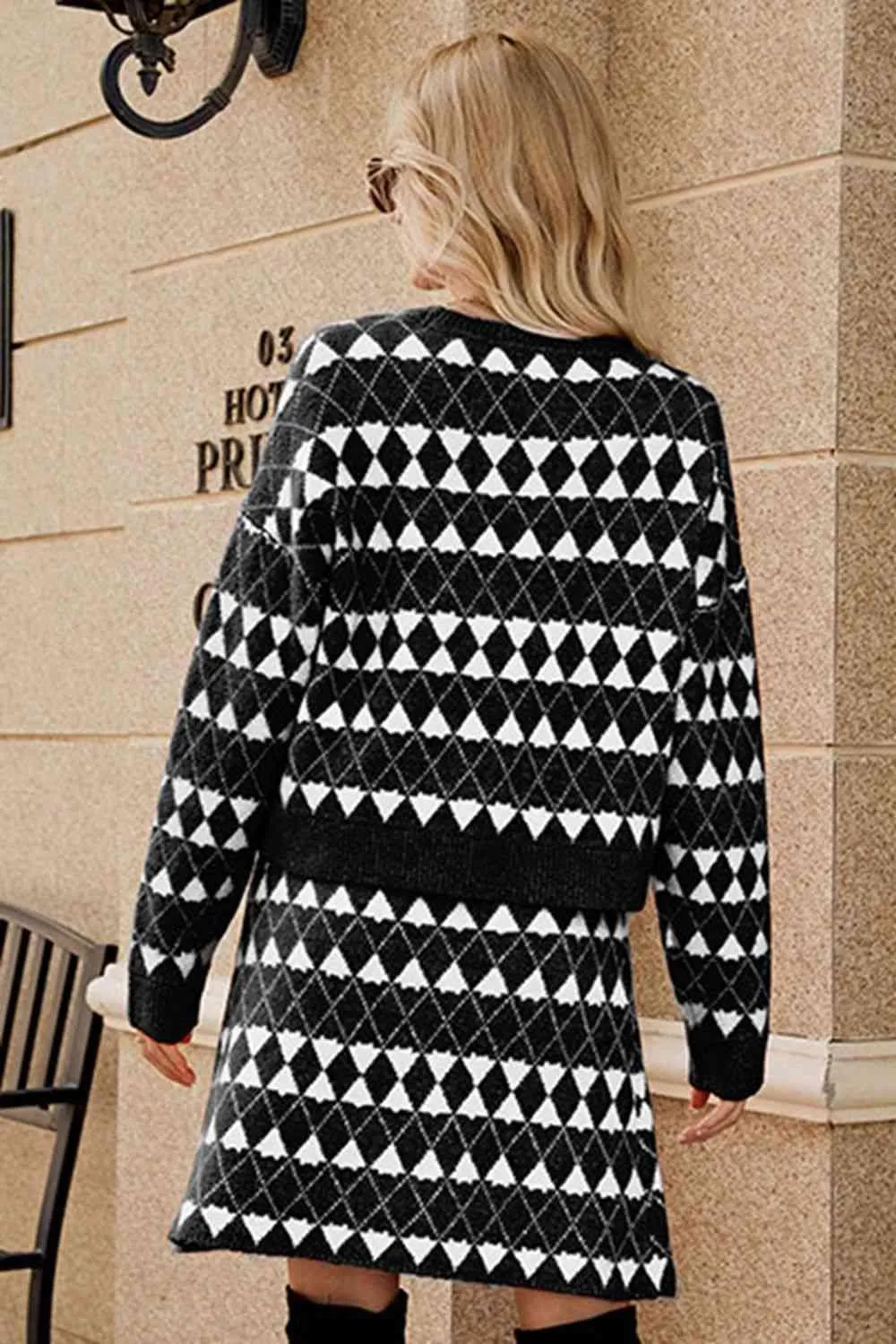 Cozy Trend Geometric Knit Cardigan and Skirt Set