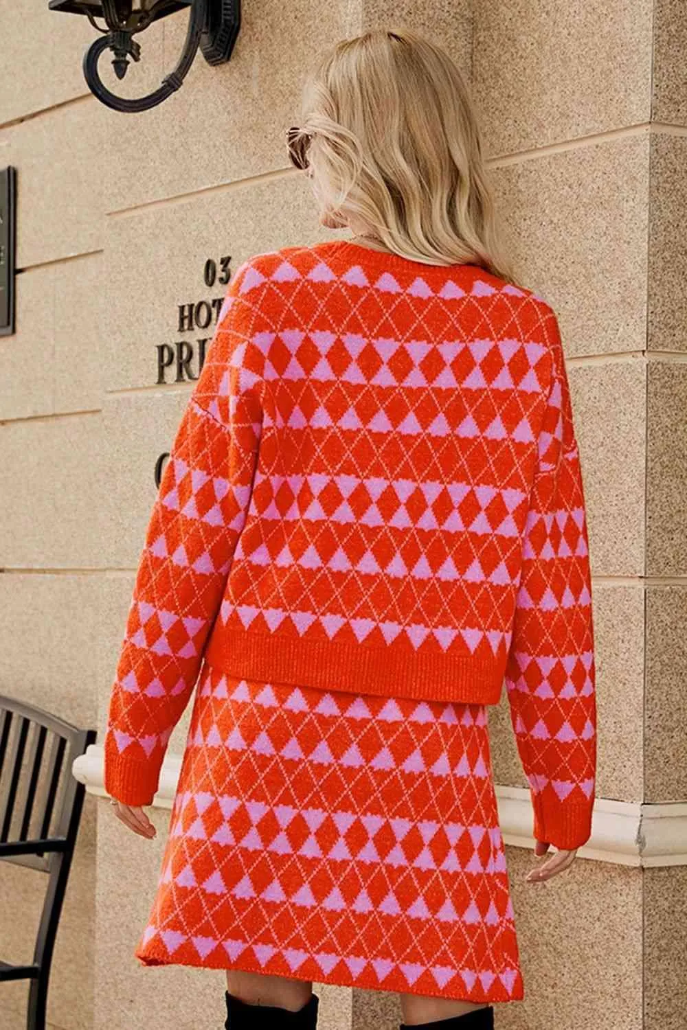 Cozy Trend Geometric Knit Cardigan and Skirt Set