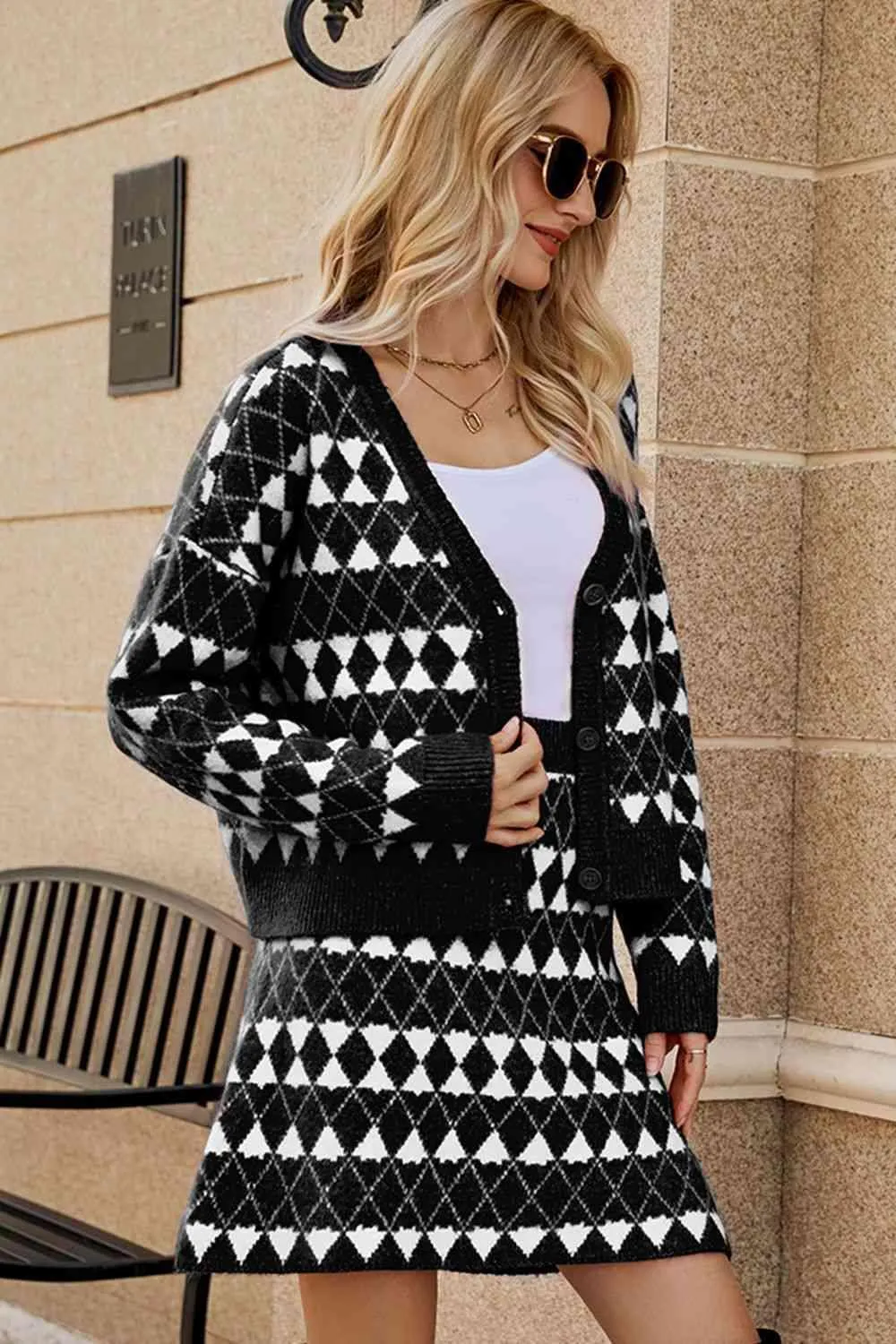 Cozy Trend Geometric Knit Cardigan and Skirt Set
