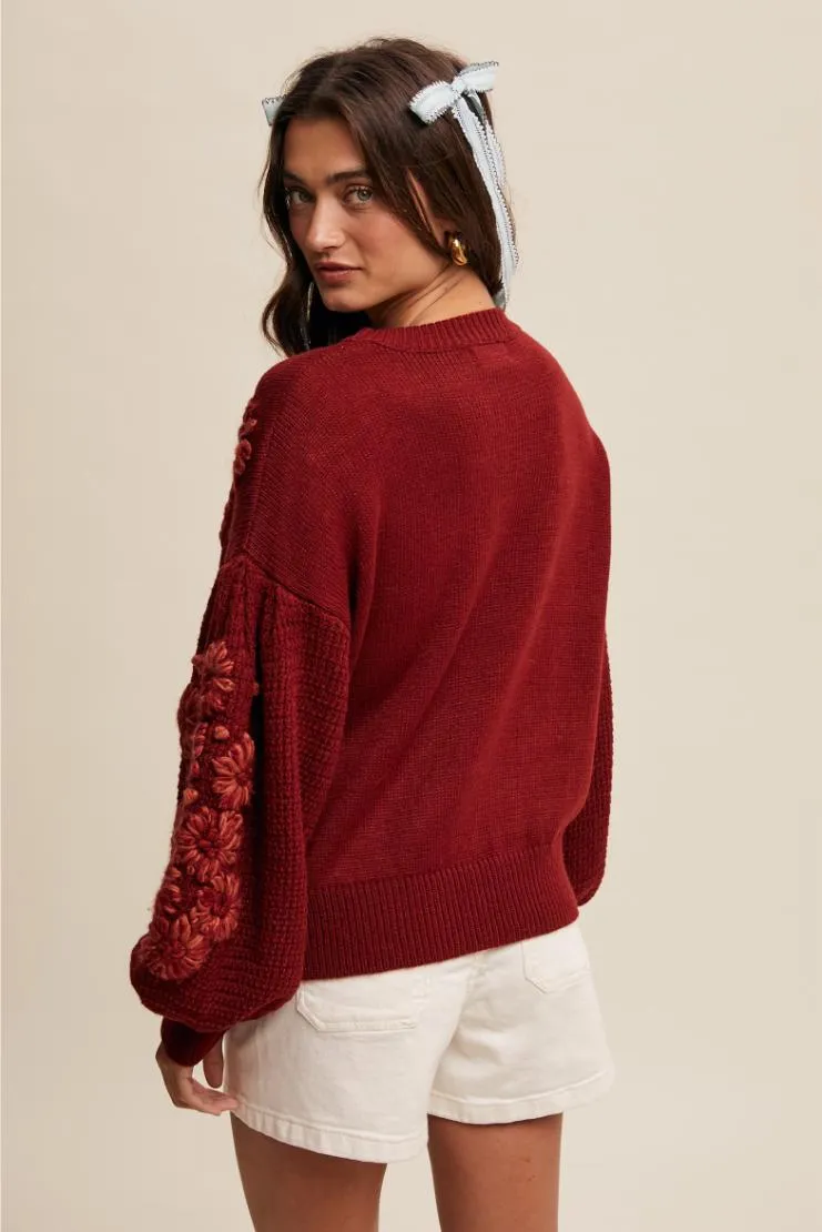 Dalia Embroidered Floral Detail Knit Sweater - Wine