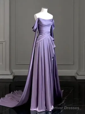 Elegant A Line Purple Satin Long Prom Dresses Formal Party Gown