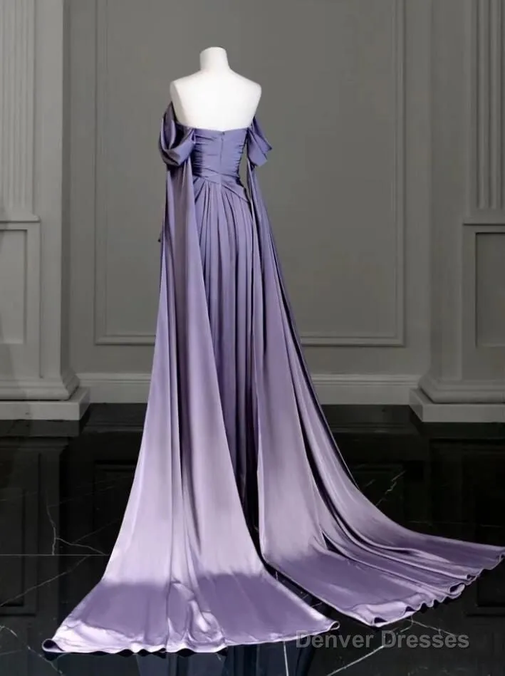 Elegant A Line Purple Satin Long Prom Dresses Formal Party Gown