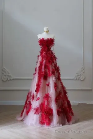 Elegant A Line Strapless Tulle Floral Red Prom Dress