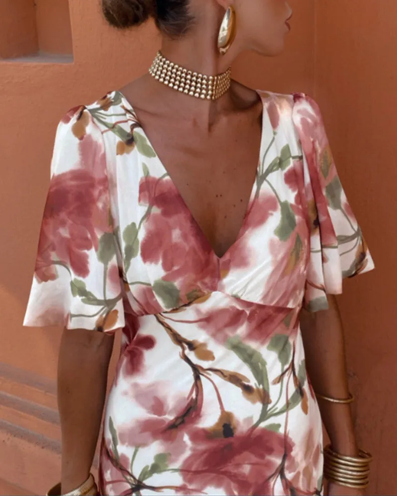 Elegant floral print deep V dress
