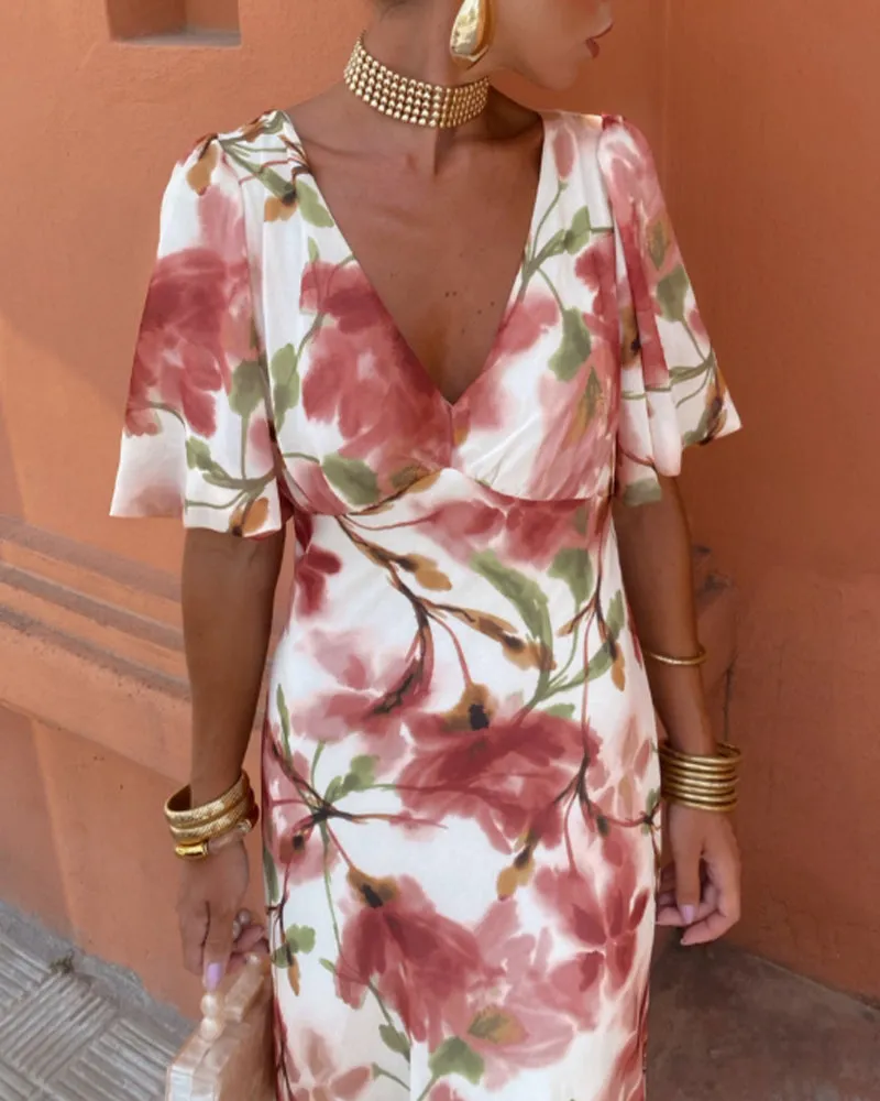 Elegant floral print deep V dress