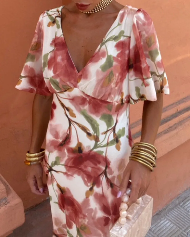 Elegant floral print deep V dress