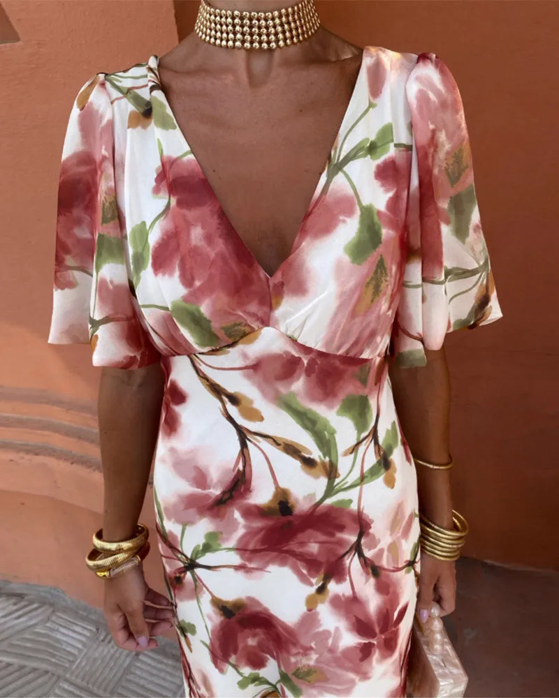 Elegant floral print deep V dress