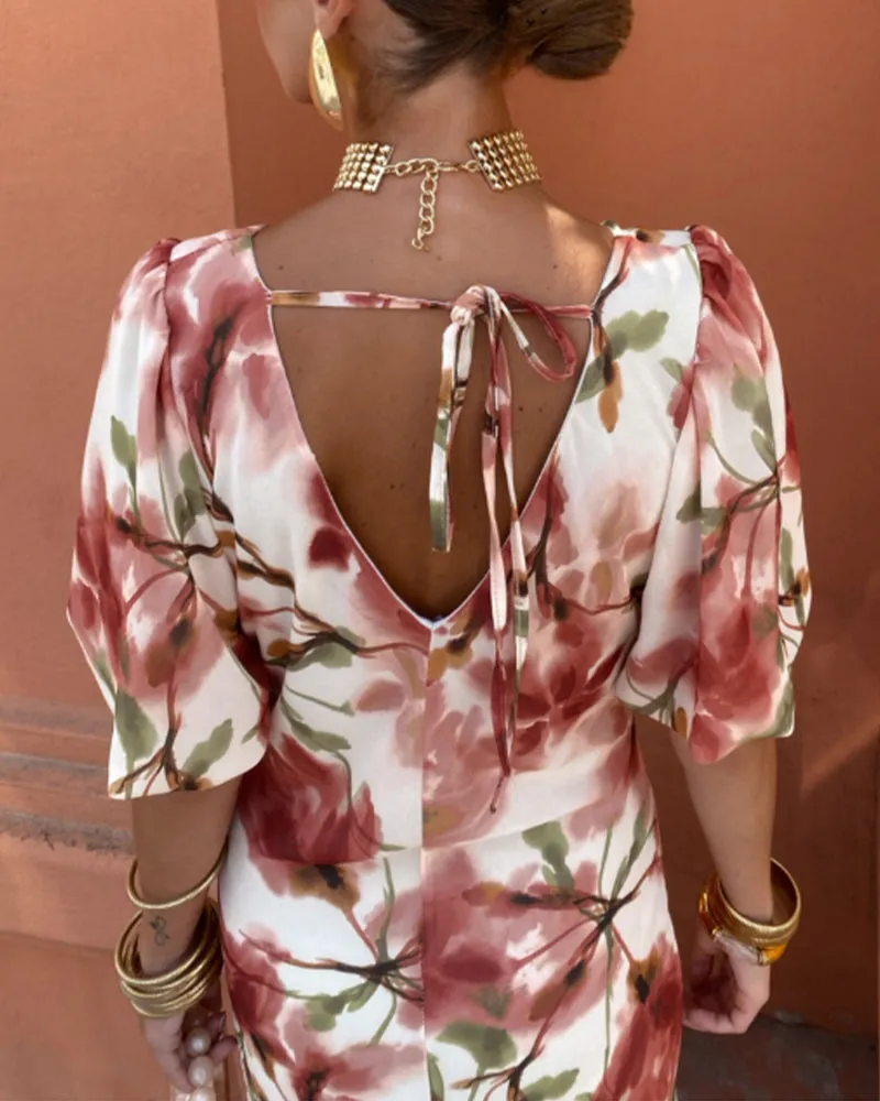 Elegant floral print deep V dress