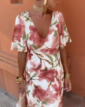 Elegant floral print deep V dress