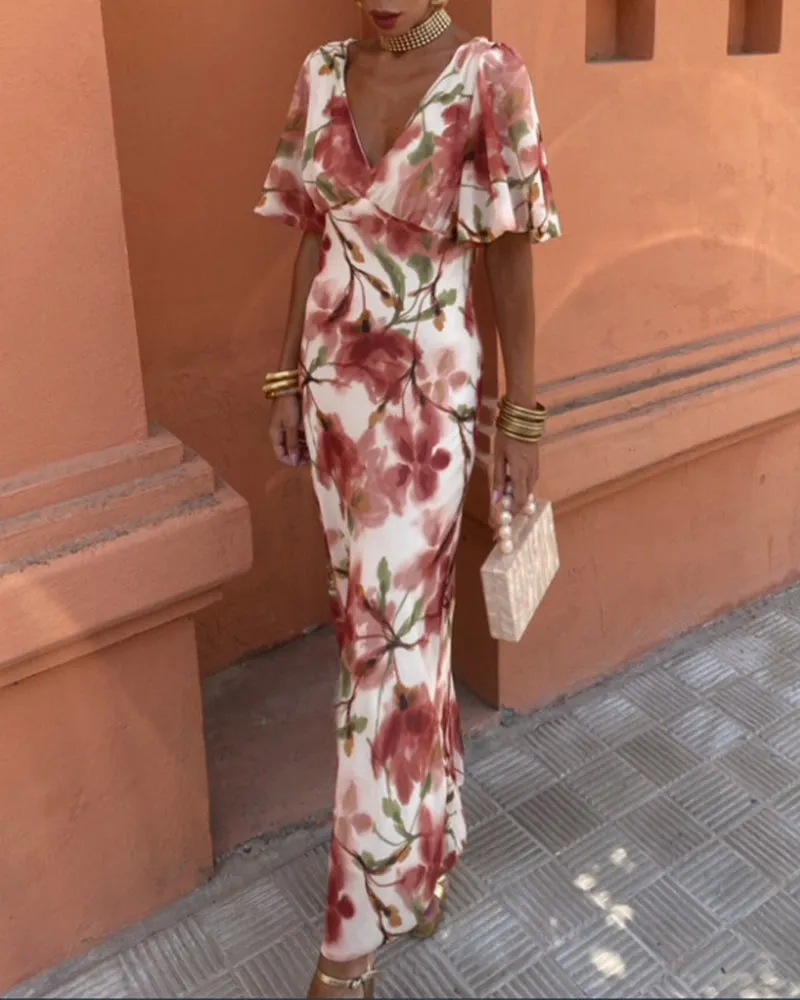 Elegant floral print deep V dress