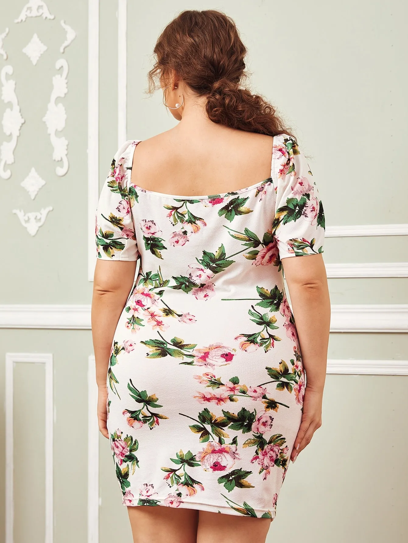 Elegant Floral Ruched Short Sleeve Sweetheart Pencil Natural Short Plus Size Dress