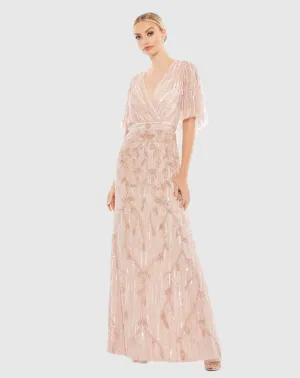 Embellished Cap Sleeve Faux Wrap Gown - Blush