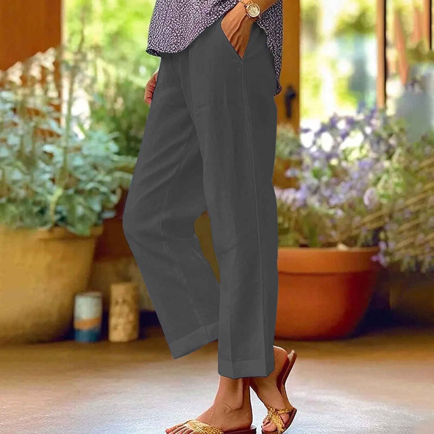 GIERIDUC Womens Casual Cotton Linen Pants Lightweight Summer Relaxed Fit Elastic Waist Wide Leg Solid Lounge Long Trousers