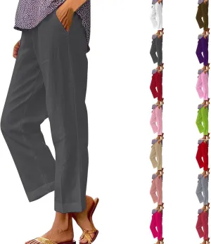 GIERIDUC Womens Casual Cotton Linen Pants Lightweight Summer Relaxed Fit Elastic Waist Wide Leg Solid Lounge Long Trousers